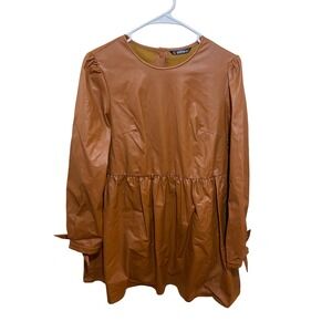 SHEIN Faux Leather Babydoll Dress Brown‎ Long Sleeve Tie Cuff Peplum Mini Large